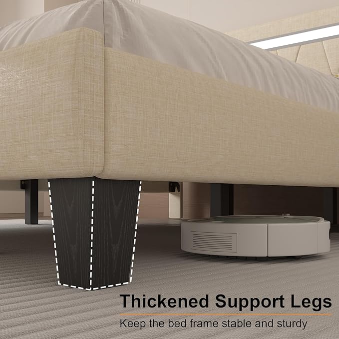Queen Size Bed Frame with LED Lights and Charging Station, Faux Leather Linen Fabric Adjustable Headboard,Modern Upholstered Bed, Sturdy Wood Slat Support, Easy Assemble, Beige