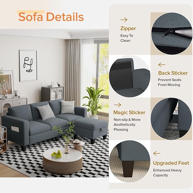 Sectional Sofa Couches for Living Room - 78''Convertible Modular Three-Seater L-Shaped Pet-Friendly Couch,Washable Sofa Cover-Bench Storage, Suitable for Small Living Room, Apartment,Office-Blue-Gray