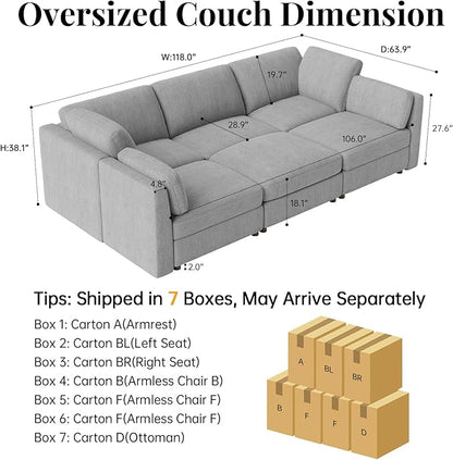 CUGOAO 118'' Modular Sectional Sofa Bed, Oversized Sectional Couch, Deep Seat Chenille Cloud Couch, Removable Cover, Mordern Upholstered Couches for Living Room, Apartment, Office, Grey