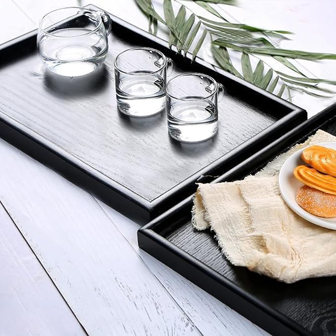 22 x 18 Inches Extra Large Solid Wood Serving Tray for Tea Coffee Table Snack Food Meals Serving Plate Kitchen Party Bar Breakfast Server with Raised Edges Black Wooden Decorative Ottoman Tray