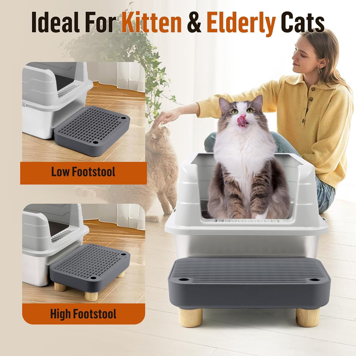 Cat Litter Box Step Ramp, Cat Litter Catcher Mat with Wooden Feet, Filter Function, Cat Pedal Stool for Self-Cleaning Cat Litter Box, Ideal for Kitten & Elderly Cats (Dark Grey)