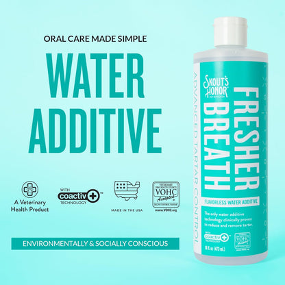 SKOUT'S HONOR Fresher Breath Water Additive for Pets - VOHC Accepted for Tartar Control, Freshens Breath Fast, No Brushing Required: Fresh & Flavorless 16oz - 3 Pack