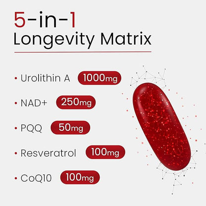 Urolithin A Supplement with NAD, Resveratrol, PQQ – 5-in-1 Longevity Complex to