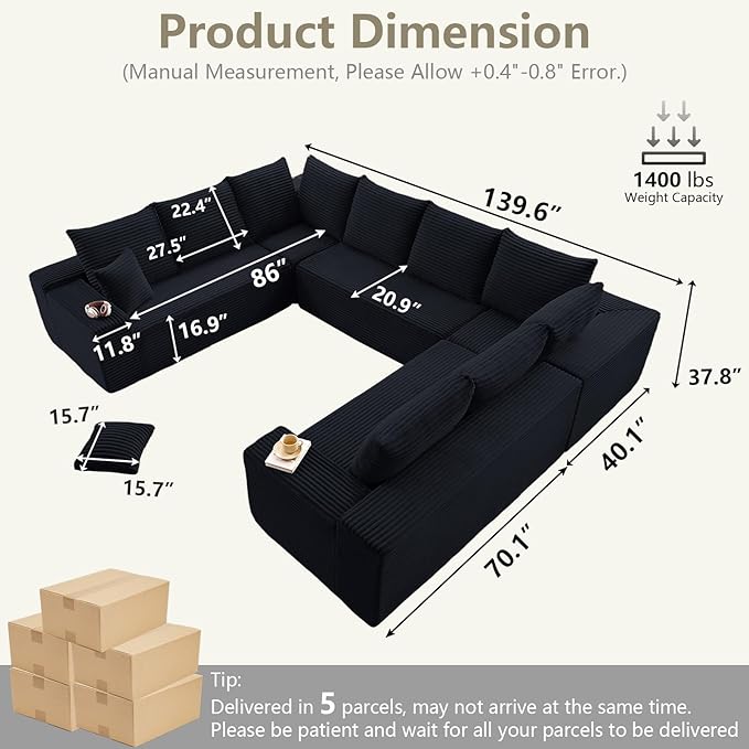 Sectional Cloud Couch for Living Room, Big Comfy Corduroy Couches Set with Fluffy Memory Foam, Modular Floor Deep-Seat Sofa, Stupendous U Shaped Sofas with 12 Pillows, No Assembly Required, Black