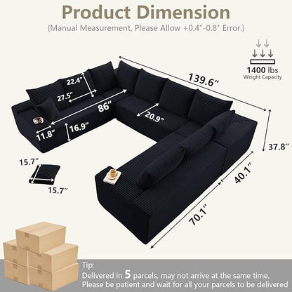 Sectional Cloud Couch for Living Room, Big Comfy Corduroy Couches Set with Fluffy Memory Foam, Modular Floor Deep-Seat Sofa, Stupendous U Shaped Sofas with 12 Pillows, No Assembly Required, Black