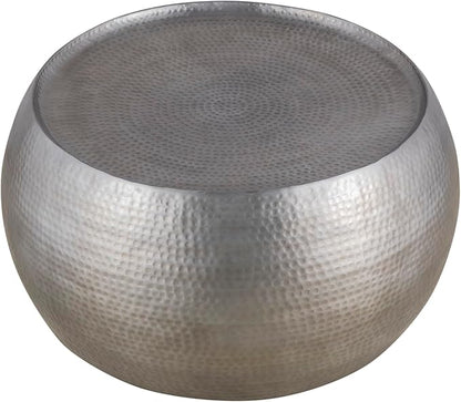 CT501 Modern Contemporary Round Aluminum Material 32" Coffee Table, Farmhouse Table with Glossy Hand Hammered Design Antique Silver