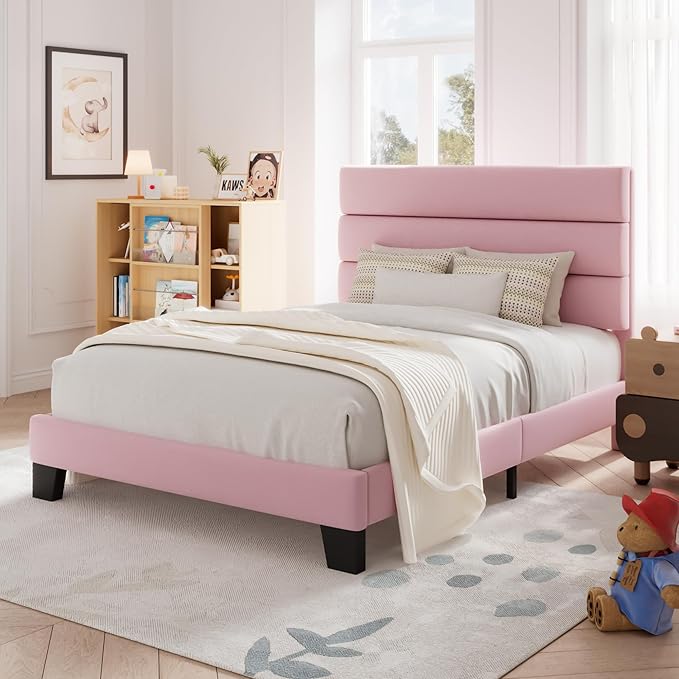 Allewie Twin Size Platform Bed Frame with Velvet Upholstered Headboard and Wooden Slats Support, Fully Upholstered Mattress Foundation/No Box Spring Needed/Easy Assembly, Pink