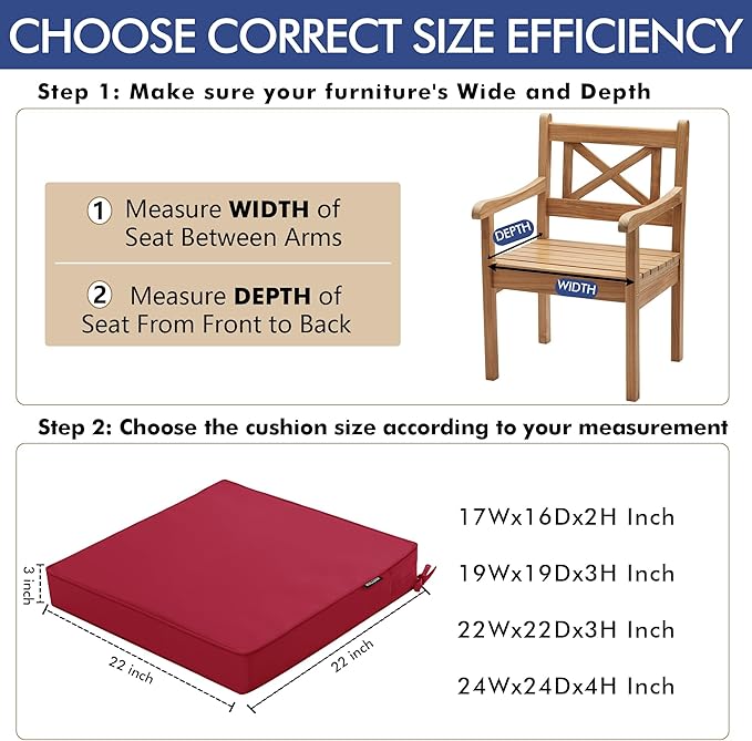 Outdoor Chair Cushions 22 x 22 Inch Waterproof Patio Chair Cushions with Tie 5 Year Color Fastness Thick Outdoor Seat Cushion for Garden Lawn Patio Furniture Burgundy Red Set of 2