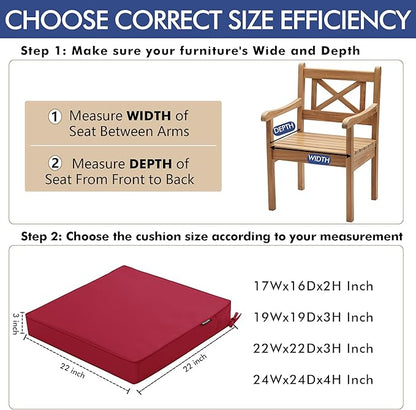 Outdoor Chair Cushions 22 x 22 Inch Waterproof Patio Chair Cushions with Tie 5 Year Color Fastness Thick Outdoor Seat Cushion for Garden Lawn Patio Furniture Burgundy Red Set of 2