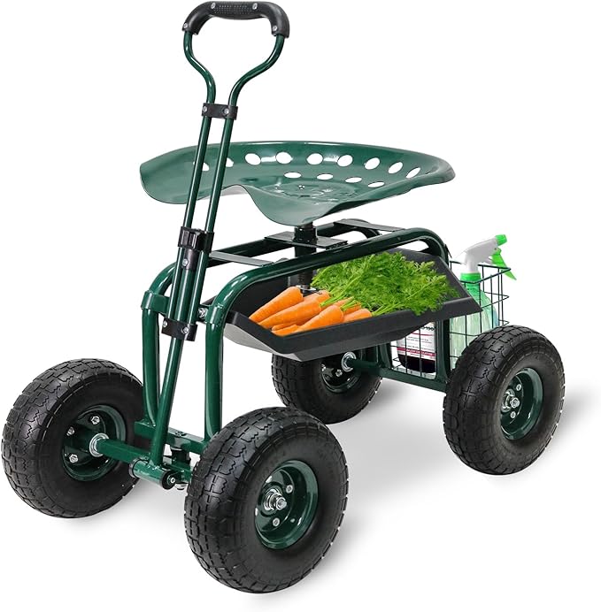 BESTHLS Garden Cart with Seat on Wheels Rolling Gardening Stool with Wheels Heavy Duty for Planting with 360 Degree Swivel Seat Steering Handle & Utility Tool Tray
