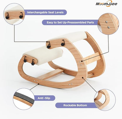 MoomJiee Ergonomic Kneeling Chair, Adjustable Rocking Knee Chairs for Home Office, Wooden Office Knee Chair for Back Pain Relief, Beige