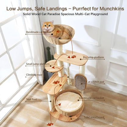 Wooden Cat Tree for Large Cat, 49.6-Inch Tall Cat Tower with Scratching Post for Indoor Cats, Multi-Level Cat Condo with Hand-Woven Cat Bed and Scratching Board Easy to Clean