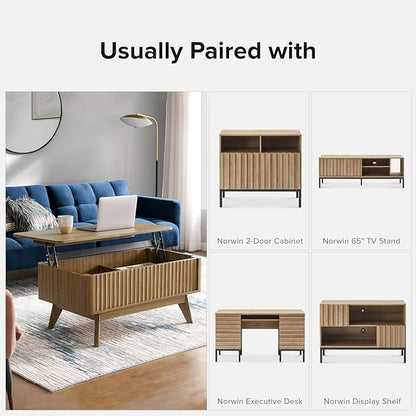 mopio Brooklyn Lift Top Coffee Table for Living Room, Mid Century, Modern Farmhouse with Lifting Tabletop & Hidden Storage, Fluted Panel, Rising Pull Up Dining Table (Walnut)