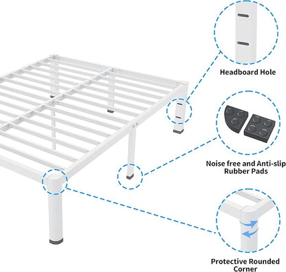 ROIL 14 Inch White Full Size Bed Frame with Rounded Corner and Headboard Hole Mattress Retainers 3500LBS Heavy Duty Steel Slats No Box Spring Needed Platform Noise-Free Easy Assembly