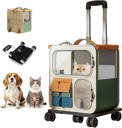 Cat Carrier with Wheels, Soft Rolling Pets Carrier Collapsible on Wheel Pet Handbag Cats Backpack, Dog Carriers up to 25 LBs Removable Cat Bag for Small Dogs Medium Cats Outing(NOT for TSA)