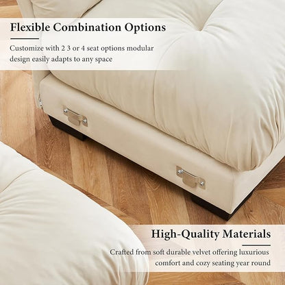 166" Oversized Couch, 4 Seater Modular Sectional Sofa, Beige White Large Sectional Couches for Living Room, Fluffy Couch Set, 4 Seater Velvet Cloud Couches with 6 Pillows, Deep Seat for Living Room
