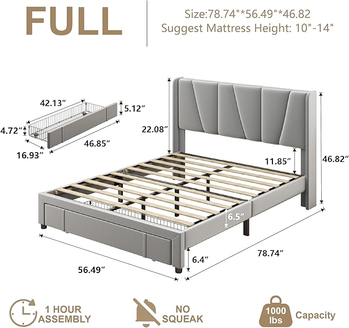 Full Bed Frame with Storage Drawers, Upholstered Full Size Platform Bed with 47" Tall Headboard and Wingboard, No Box Spring Needed, Noise Free, Easy Assembly, Wooden Support Slats, Light Grey