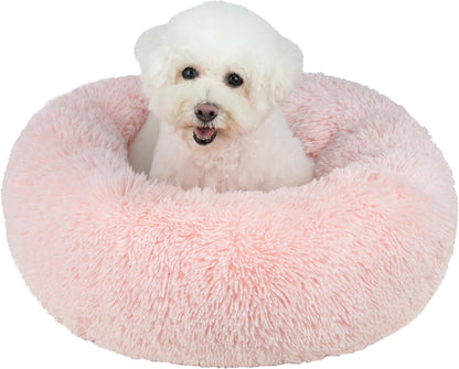 Best Pet Supplies Round Donut Dog Bed with Plush Faux Fur Fabric, Calming, Anti-Anxiety Cushion for Indoor Pets, Slip-Resistant Base, Soft Ergonomic Support - Pink, 30x30x8''
