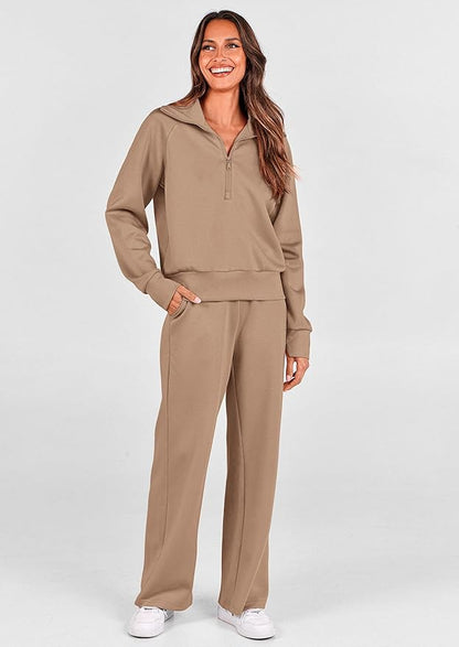 PRETTYGARDEN Women's 2 Piece Outfits Casual Lapel Half Zip Sweatshirts and Wide Leg Pants Tracksuit Sets