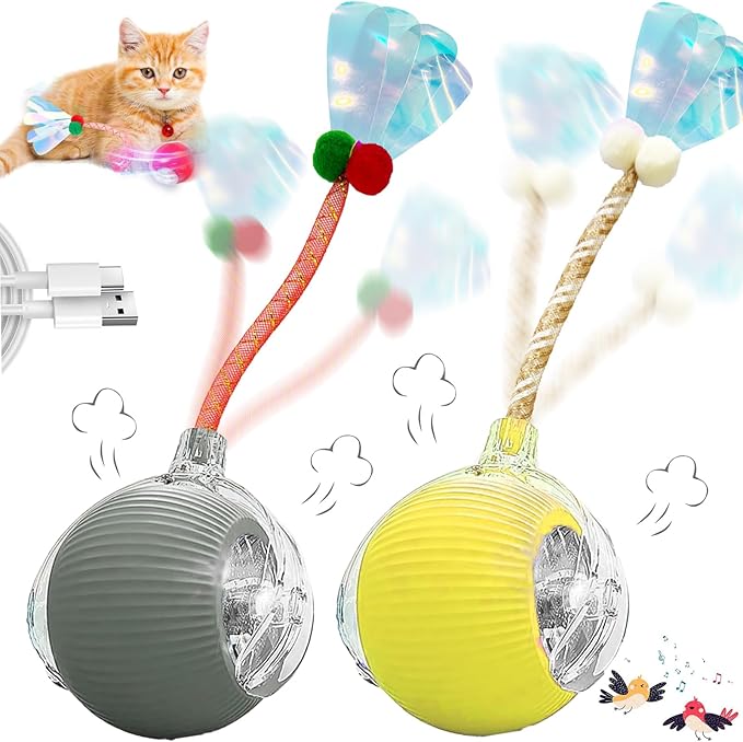2 Packs Interactive Cat Toys for Indoor Cats, Automatic Cat Toy with Elastic Mesh Tail, Electric Rolling Ball on Carpet, Chirping and Motion Activate Cat