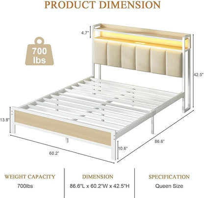 Queen Bed Frame with Charging Station and Storage Headboard, Metal Platform Bed Frame Queen Size with LED Lights, Heavy Duty Metal Slats Support, No Box Spring Needed, Easy Assembly, Beige