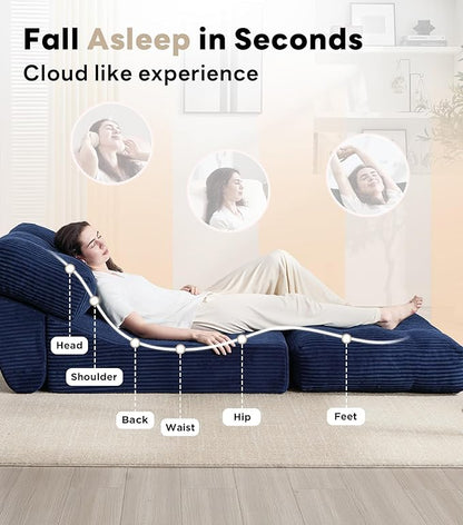 Tbfit Folding Sofa Bed, Convertible Sleeper Chair with Large Pillow, Corduroy Folding Couch Bed, Portable & Foldable Mattress Boneless Floor Sofa for Living Room, Bedroom, Office, Blue, Single