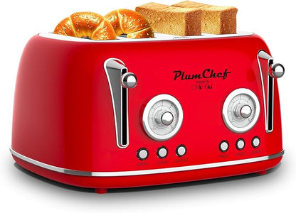 Plumchef 4 Slice Wide Slot Retro Style Toaster, Dual Control Toaster wtih Timer