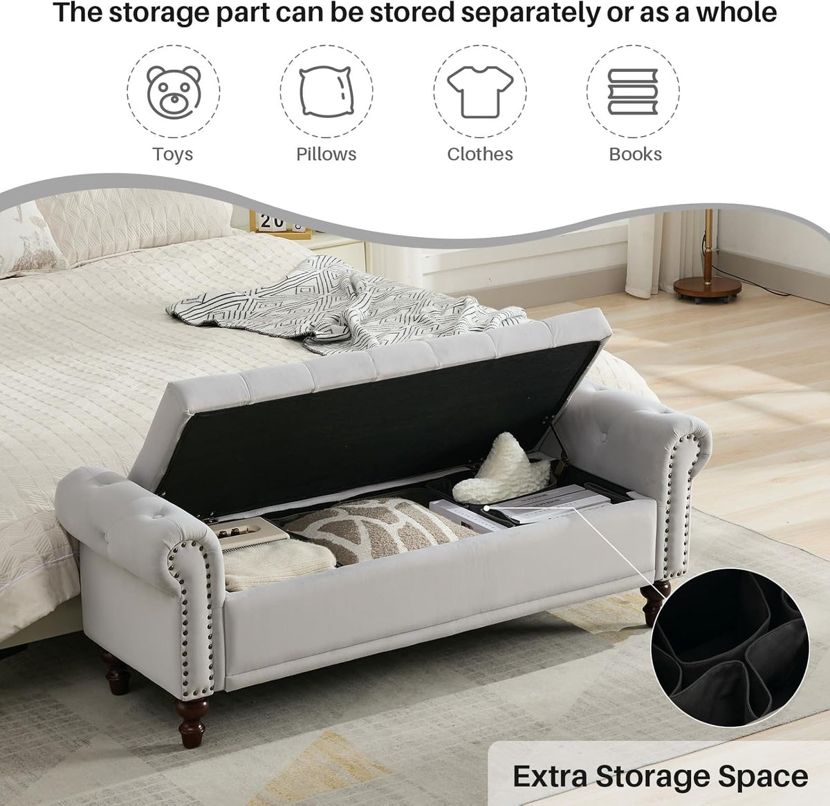 Storage Bench Upholstered Velvet End of Bedroom Bed Bench Ottoman with Tufted Cushioned Rolled Arm Large Storage Space for Reading Living Room Entryway, Light Grey