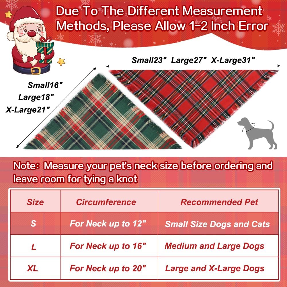 Vivifying Dog Christmas Bandana with Tassels Edges, 2 Pack Classic Plaid Triangle Pet Apparel & Accessories, Funny Holiday Dog Scarf Costume for Photo Prop, and Party Decor (Small, Red&Green)