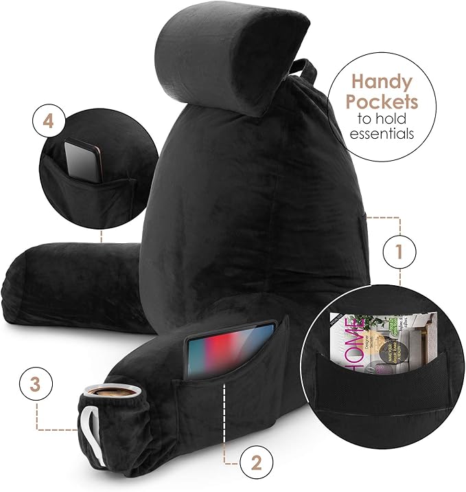 Nestl Reading Pillow with Shredded Memory Foam Includes 2 Neck and Lumber Support Pillows, Designed for Sitting Up in Bed and Couch, Back and Arms Adjustable Support for Adult & Teens, Black