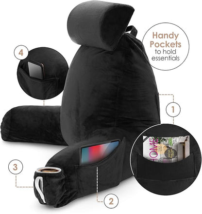 Nestl Reading Pillow with Shredded Memory Foam Includes 2 Neck and Lumber Support Pillows, Designed for Sitting Up in Bed and Couch, Back and Arms Adjustable Support for Adult & Teens, Black