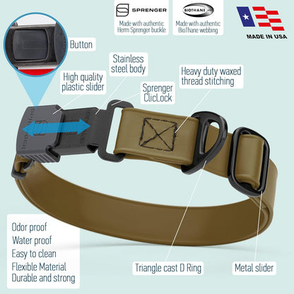 Dogline Biothane Waterproof Dog Collar with Herm Sprenger Black Stainless Steel Quick Release Buckle – Heavy Duty Tactical Durable Collar for Dogs – Comfortable and Safe Pet Collar W3/4" L12-19 Brown