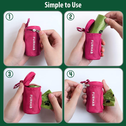 Dog Poop Bag Holder for Leash Doggie Waste Bag Dispenser Soft Fabric Puppy Potty Carrier Small Doggy Zipper Pouch with Carabiner Clip 1680D Nylon Oxford with 1 Roll of Pet Trash Bags, Rose Red