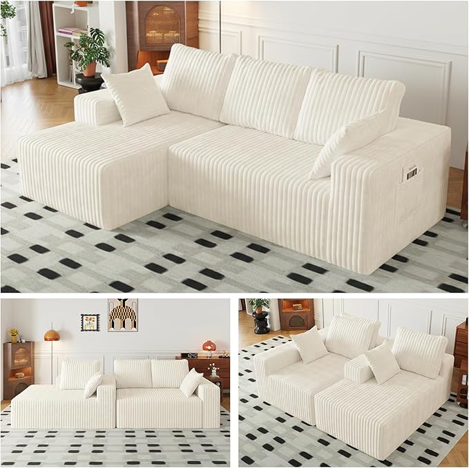 94" Cloud Sectional Couch with L-Shape Chaise,4 Seat Modern Modular Sofa with Side Pockets,Upholstered Couches for Living Room Bedroom, Boneless Couch,No Assembly Required
