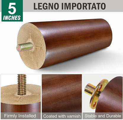 FoDau770 Brown Rubber Wood Furniture Legs 5 Inches, Straight Tapered Wood Feet Mid Century Sofa Legs Set of 4, 5/16" UNC Furniture Feet Replacement Parts for Cabinet Couch Dresser Chair Ottoman Table
