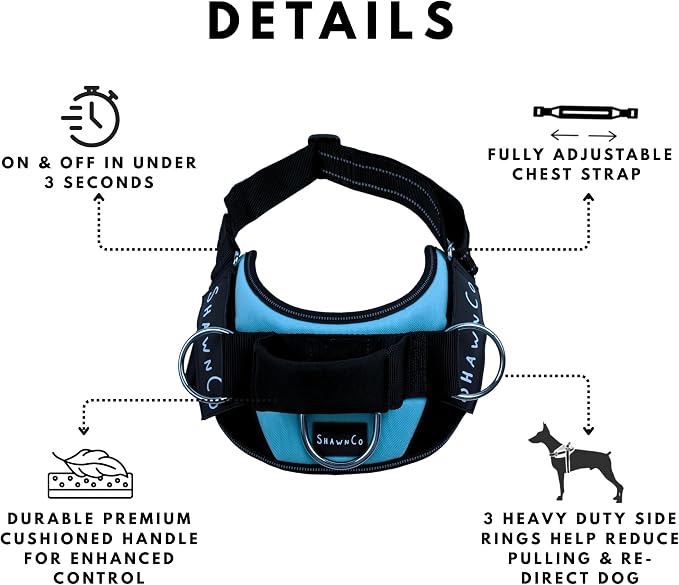 ShawnCo Essential Pro Dog Harness, No-Pull Pet Vest with 3 Leash Clips and Removable, Reflective Side Patches, Adjustable and Padded Harness for Small, Medium and Large Dogs (Midnight, L)