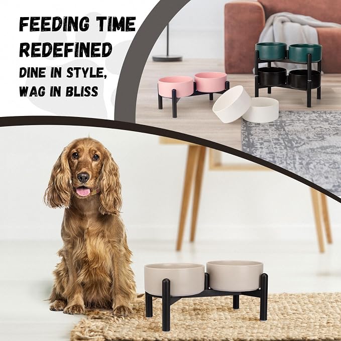 Raised Ceramic Dog Bowl Set with Stand, 3.5 Cups Elevated Dog Food Stand | 6.1'' Double Dog Food and Water Bowl Set, Non-Slip Dog Feeding Dishes for Small to Medium Breeds, 29.57 OZ, Pink
