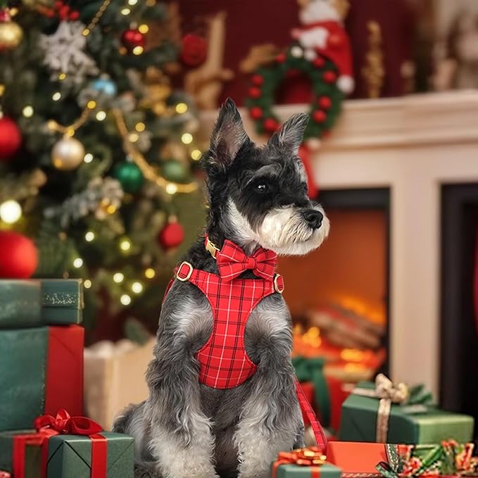Beirui Cute Extra Small Dog Harness Collar and Leash Set with Bowtie, Soft Adjustable Plaid Puppy Harness for Small Sized Dogs Cats Walks Parties and Photoshoots(Red,XS:Chest 13-18")