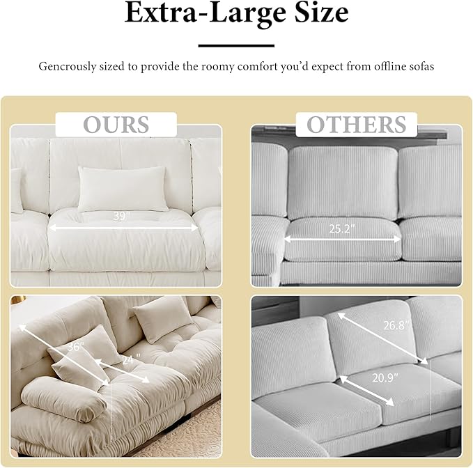 133.8" Oversized 3 Seater Modular Sectional Sofa, Beige Large Sectional Fluffy Couch Set, Chenille Cloud Couch with 5 Pillows, Deep Seat Sofas for Living Room