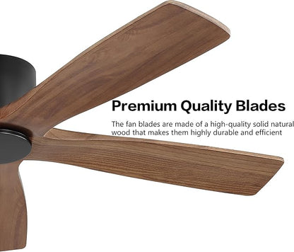 WINGBO 48" Flush Mount DC Ceiling Fans without Lights, 5 Carved Solid Wood