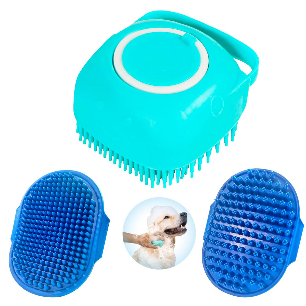 Dog Grooming Brush, Lilpep Pet Shampoo Bath Brush Soothing Massage Rubber Comb with Adjustable Ring Handle for Long Short Haired Dogs and Cats (Blue, set)