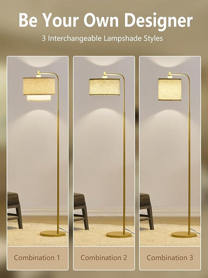 64" Modern Floor Lamp for Living Room Bedroom, Arc Floor Lamp with 3 Color Temperatures, Standing Lamp with Double Oatmeal Linen Lampshade, Tall Lamp with A19 12W LED Bulb, Foot Switch Control, Gold