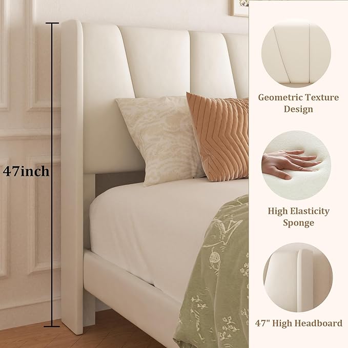 Queen Bed Frame with Storage Drawers, Upholstered Queen Size Platform Bed with 47" Tall Headboard and Wingboard, No Box Spring Needed, Noise Free, Easy Assembly, Wooden Support Slats, Beige