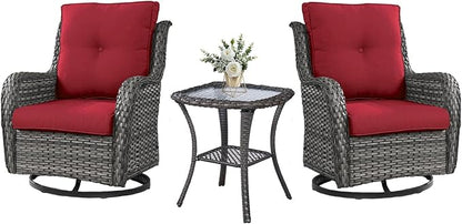 Belord Outdoor Swivel Rocker Wicker Chairs Set of 3, High Back Swivel Patio Chairs Wicker Furniture Set, 2 PCS Rattan Swivel Rocking Chair with Side Table, Red Cushion