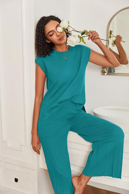 Ekouaer Lounge Sets for Women Two Piece Outfits Knit Cap Sleeve Tops Wide Leg Pleated Pants Casual Dressy Sweater Sets