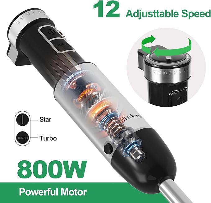Blackcow Immersion Blender Handheld, 800W Powerful Electric Hand Blender