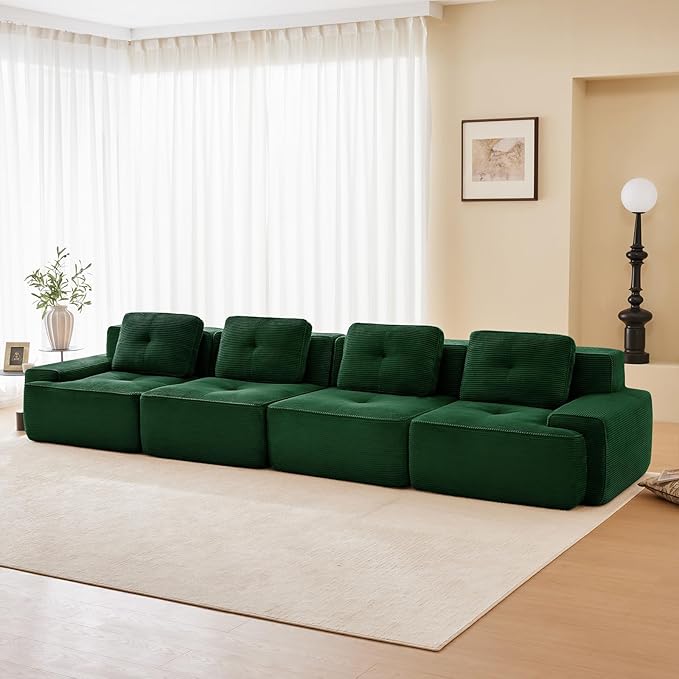 150" Modern Compressed Boneless Couch, 4 Seater Sectional Couches for Living Room, Green Corduroy Cloud Modular Sectional Sofa, Comfy Memory Foam, Extra Deep, Sofas para Sala, No Assembly
