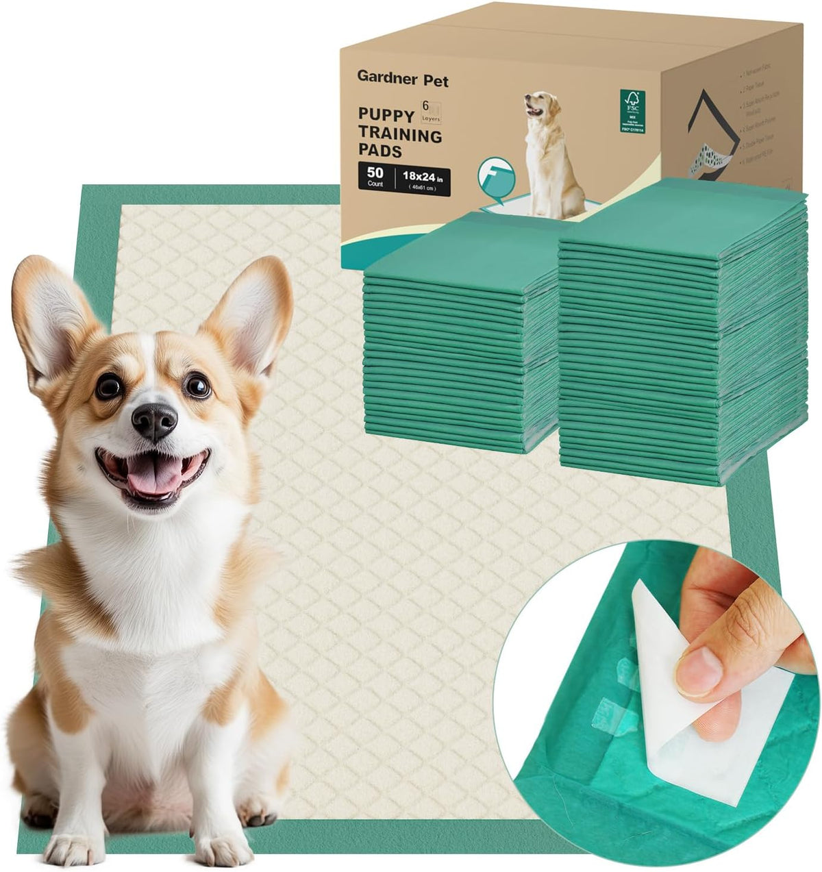 Puppy Training Pads, 50-Count. Fast-absorbing coverage for the early weeks.