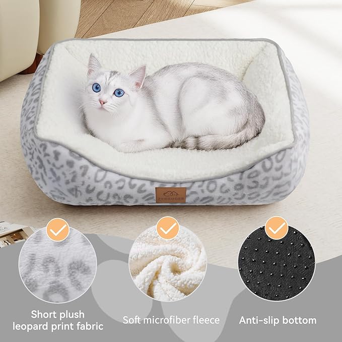 Rectangle Cat Dog Bed for Large Medium Small Pets Indoor Outdoor Machine Washable Sleeping Sofa Non-Slip Bottom Soft Puppy Bed Durable Orthopedic Calming Pet Cuddler (Small, White Leopard)