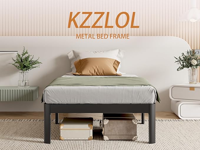 Black Bed Frame Twin Size 16 Inch, Metal Twin Bed Frame No Box Spring Needed, DIY Headboard Holes, Heavy Duty Steel Support 3500 LBS, Noiseless, Round Corner Legs, Storage Space, Easy Assembly